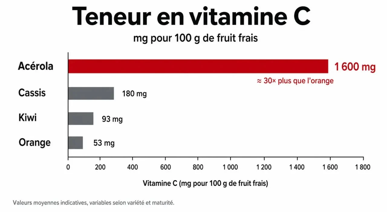 Infographie comparative de la teneur en vitamine C de l'acérola par rapport aux autres fruits