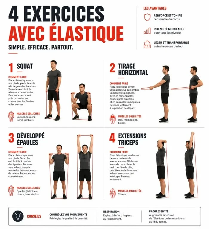 Infographie des 4 exercices essentiels de gym avec un élastique pour le renforcement musculaire