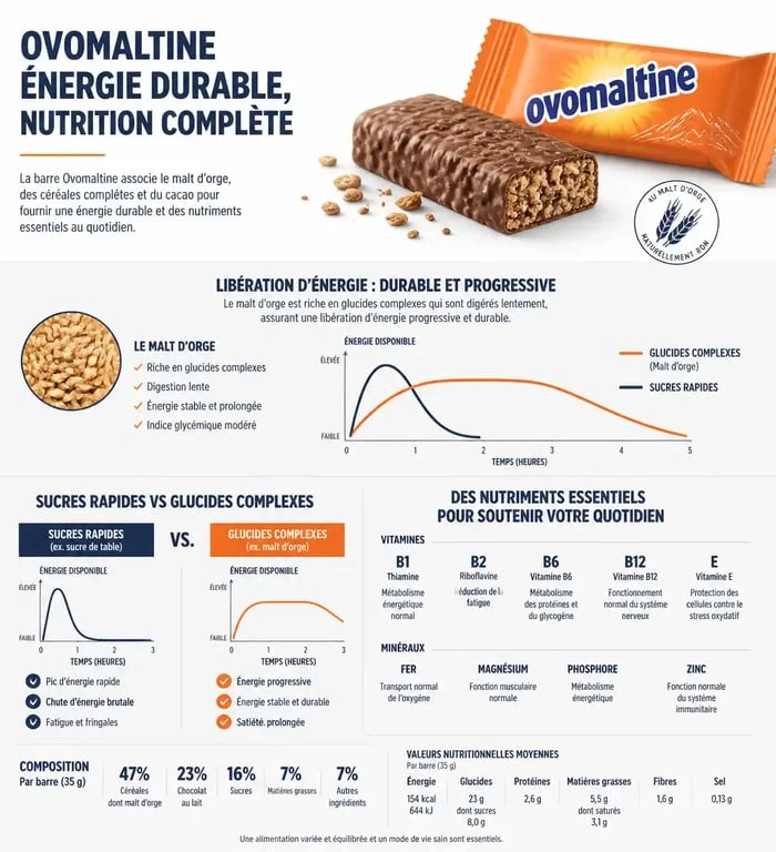 Infographie des bienfaits nutritionnels et de l'apport énergétique de la barre Ovomaltine pour le sport