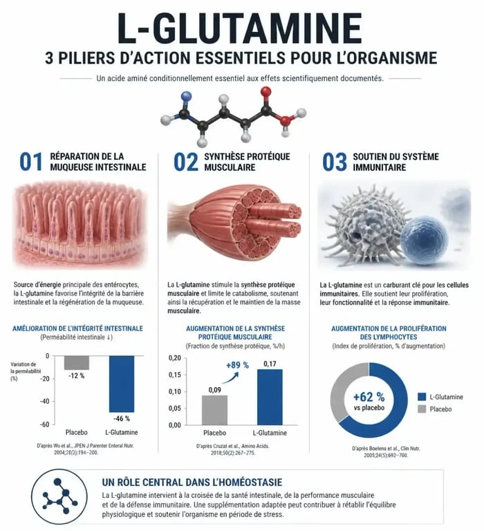 Infographie sur les bienfaits de la L-Glutamine en poudre pour la santé intestinale, musculaire et immunitaire