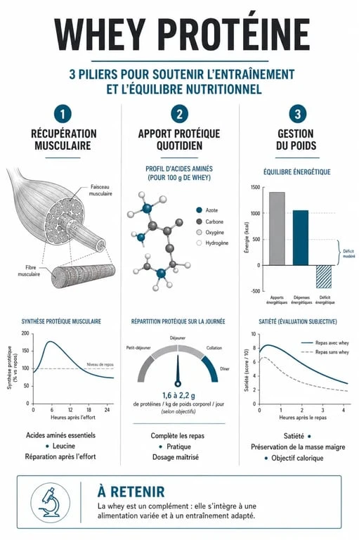 Infographie sur les bienfaits et pourquoi prendre de la whey protéine pour la santé et le sport