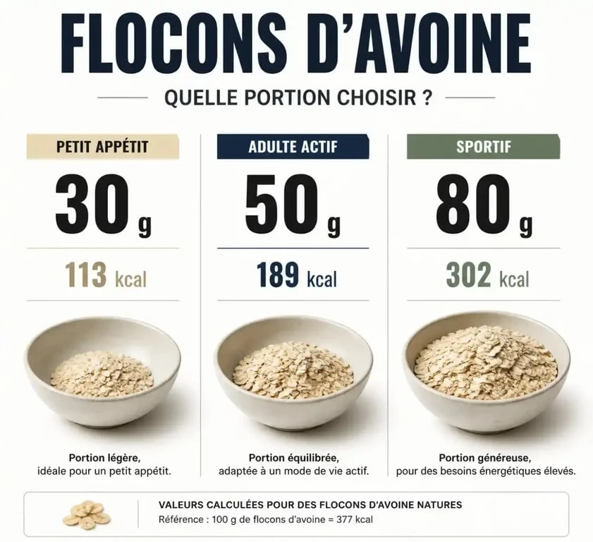 Infographie comparative des portions de flocons d'avoine pour le petit-déjeuner selon les besoins nutritionnels