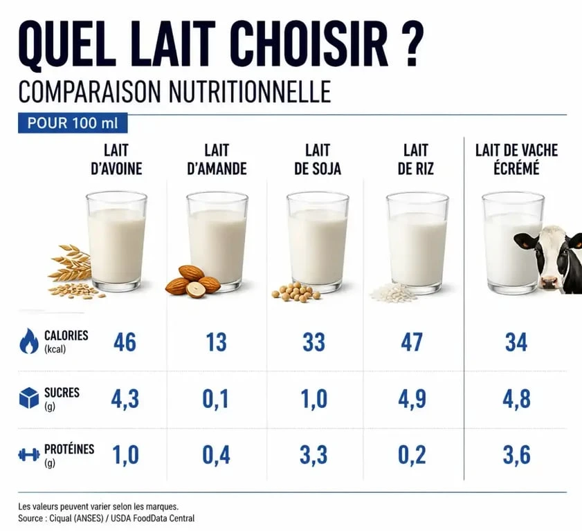Infographie comparative des valeurs nutritionnelles : lait d'avoine pour maigrir vs autres laits végétaux et animaux