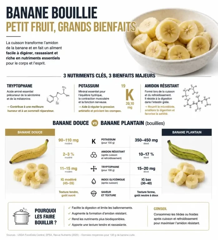 Infographie des bienfaits de la banane bouillie pour la santé et comparaison nutritionnelle