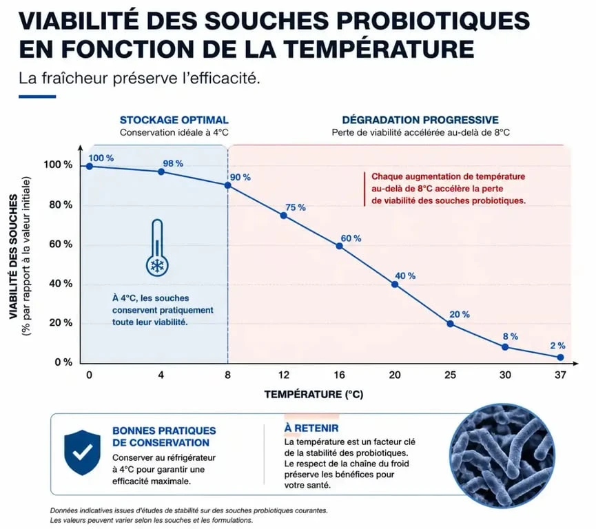 Infographie sur la conservation des probiotiques Ergyphilus Intima et l'impact de la température sur la viabilité des souches
