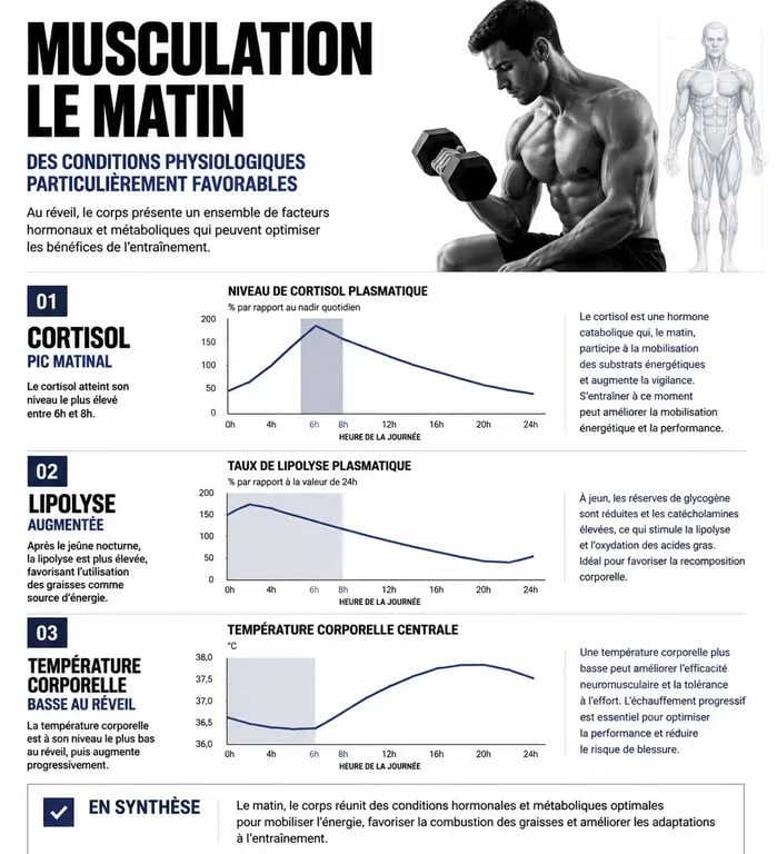 Infographie sur les effets physiologiques de la musculation le matin : cortisol, lipolyse et température corporelle.