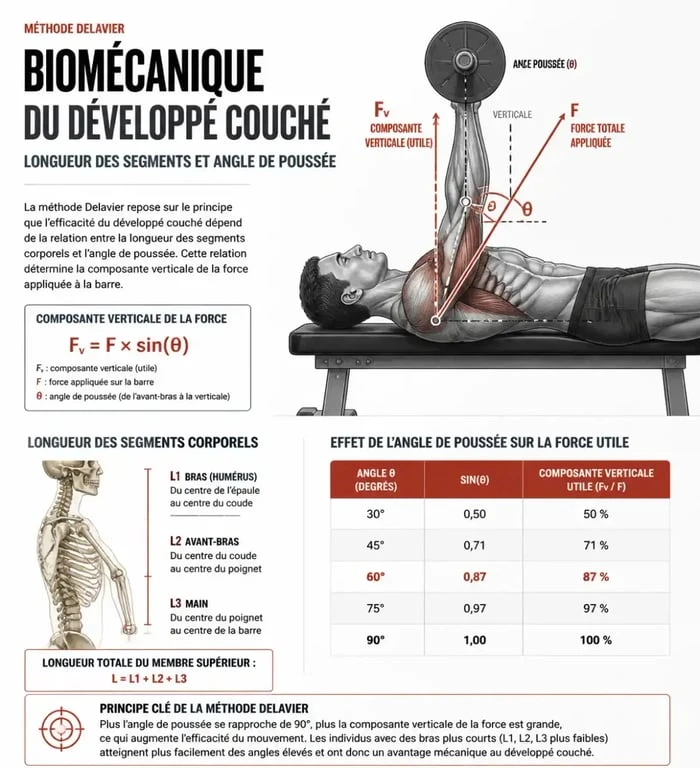 Infographie des principes biomécaniques de la méthode de musculation Delavier pour l'adaptation morphologique