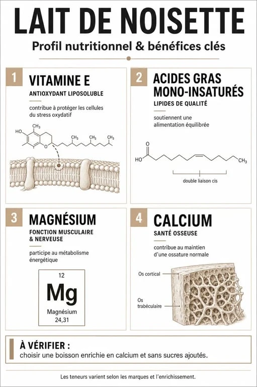 Infographie des bienfaits nutritionnels et apports santé du lait de noisette
