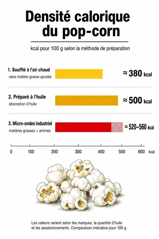 Comparaison calorique du pop-corn selon le mode de préparation pour 100g