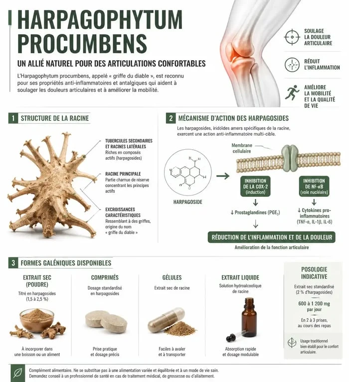 Infographie sur les bienfaits et usages de la griffe du diable pour les douleurs articulaires