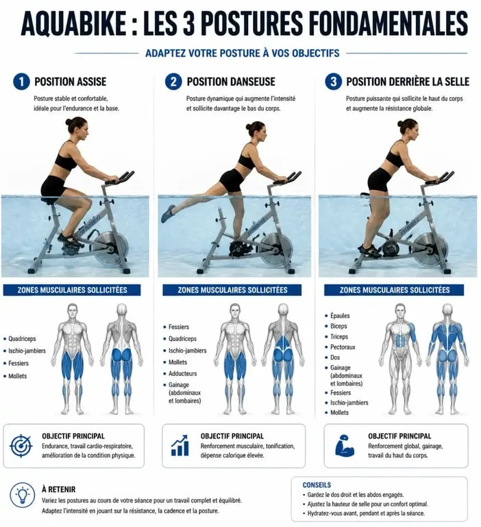Schéma des postures pour une séance aquabike efficace : position assise, danseuse et derrière la selle