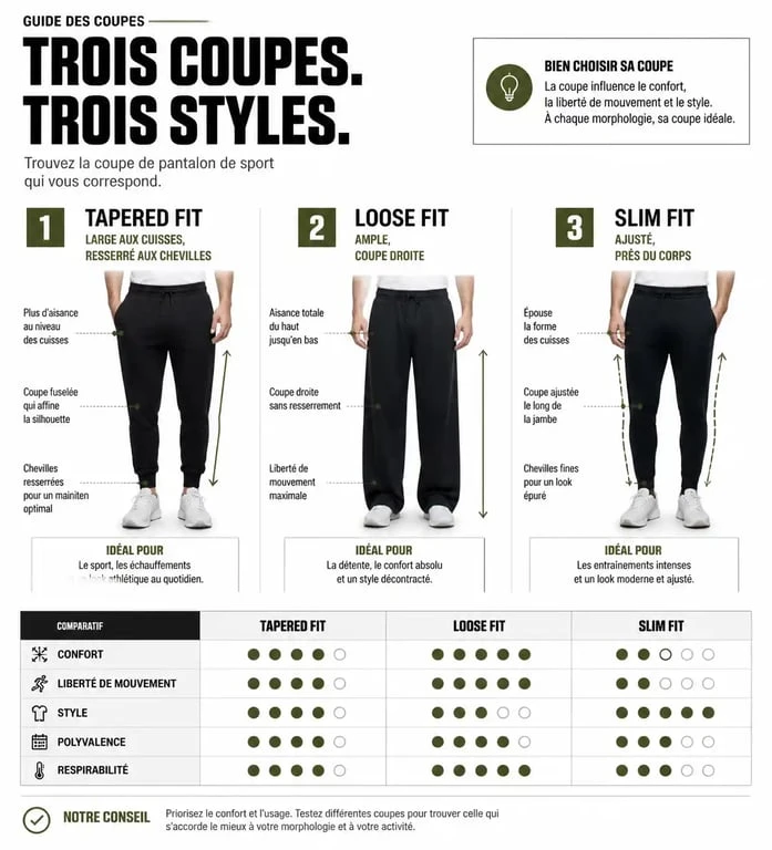 Comparatif des coupes de pantalon de musculation : Tapered, Loose et Slim Fit pour choisir le modèle adapté à son entraînement.