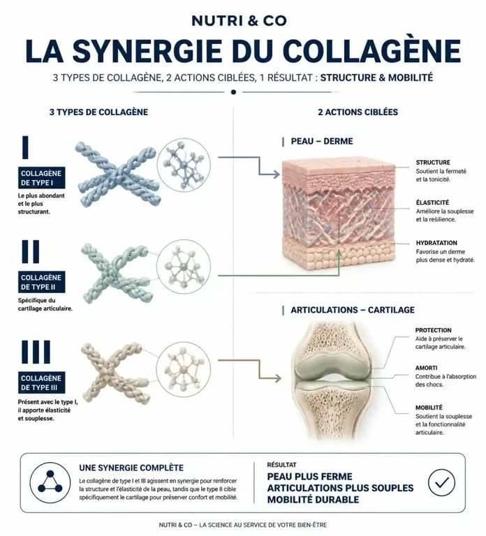 Infographie montrant les bienfaits et la composition du collagène Nutri & Co pour la peau et les articulations