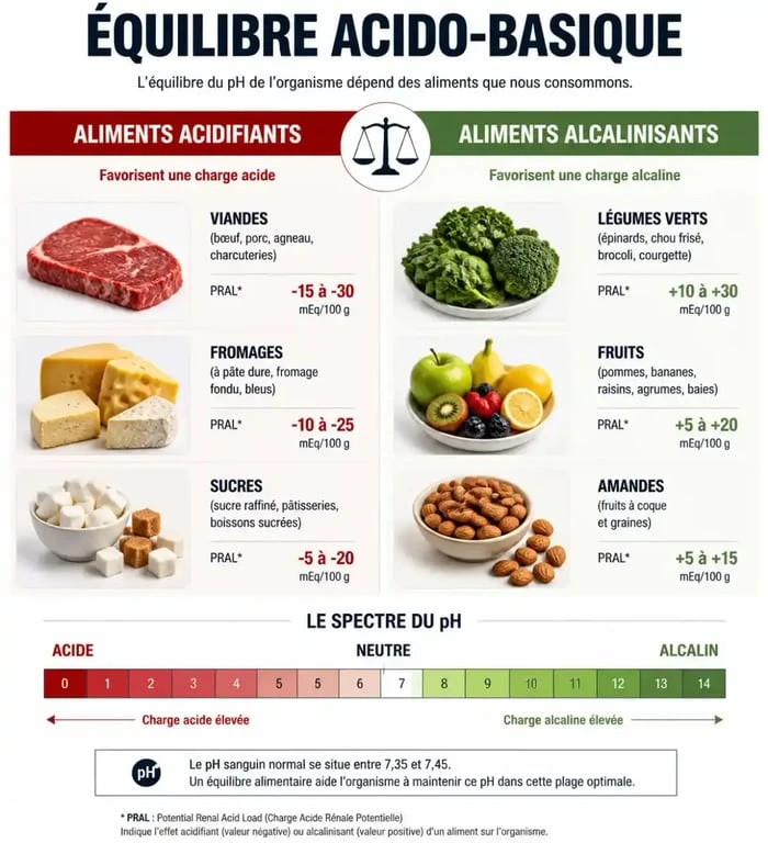 Infographie sur l'équilibre acido-basique montrant les aliments acidifiants et alcalinisants pour éviter les 4 signes que votre corps est trop acide