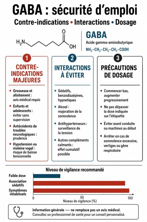 Infographie sur les dangers et précautions de la supplémentation en GABA pour la santé
