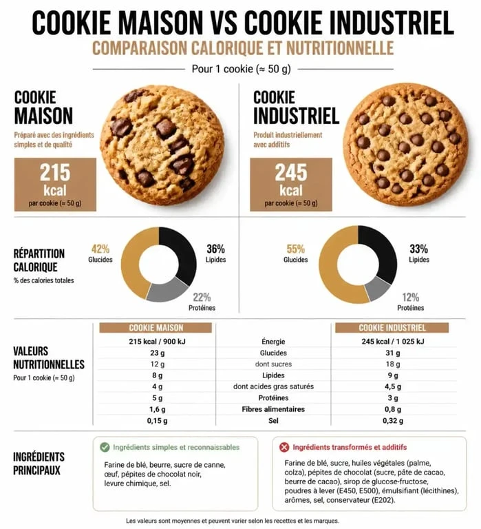 Comparatif nutritionnel : calories d'un cookie maison vs cookie industriel