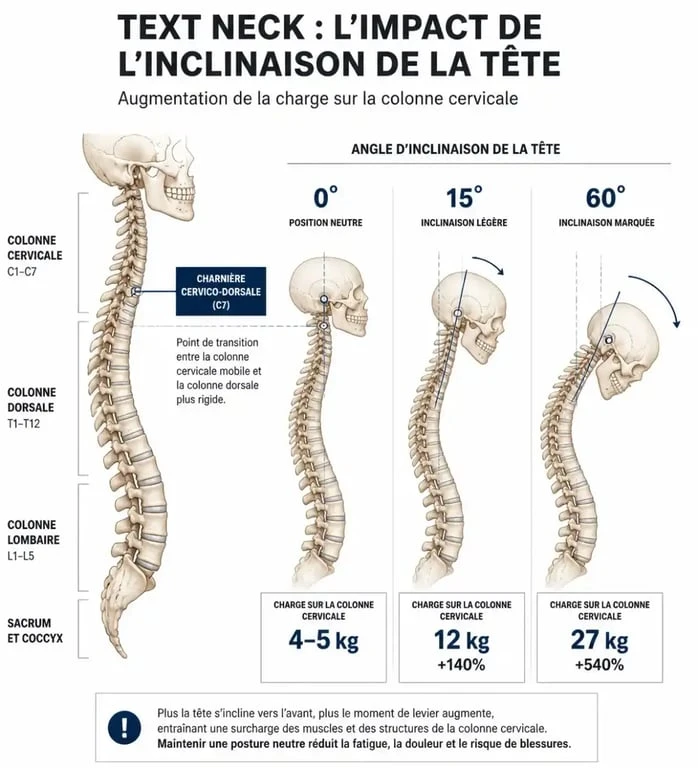 Schéma anatomique illustrant la bosse du bison et l'impact de la posture sur les vertèbres cervicales.