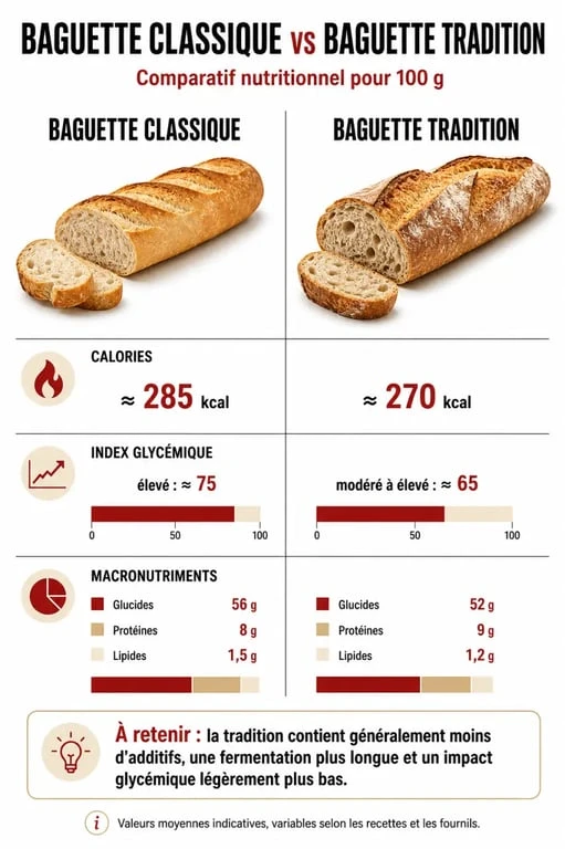 Comparatif nutritionnel : baguette classique vs baguette tradition calories et index glycémique