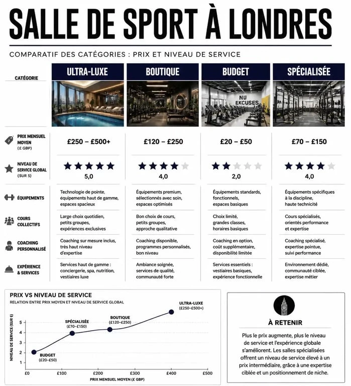 Infographie comparative des types de salles de sport à Londres : tarifs et services