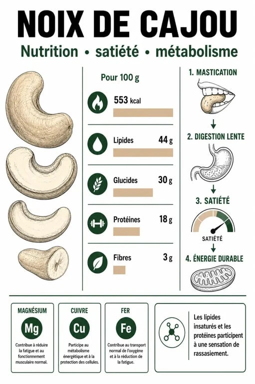 Infographie sur les bienfaits nutritionnels des noix de cajou et leur impact sur la gestion du poids