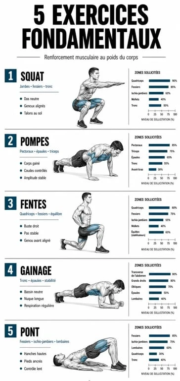 Infographie des 5 exercices de base pour une séance de renforcement musculaire efficace