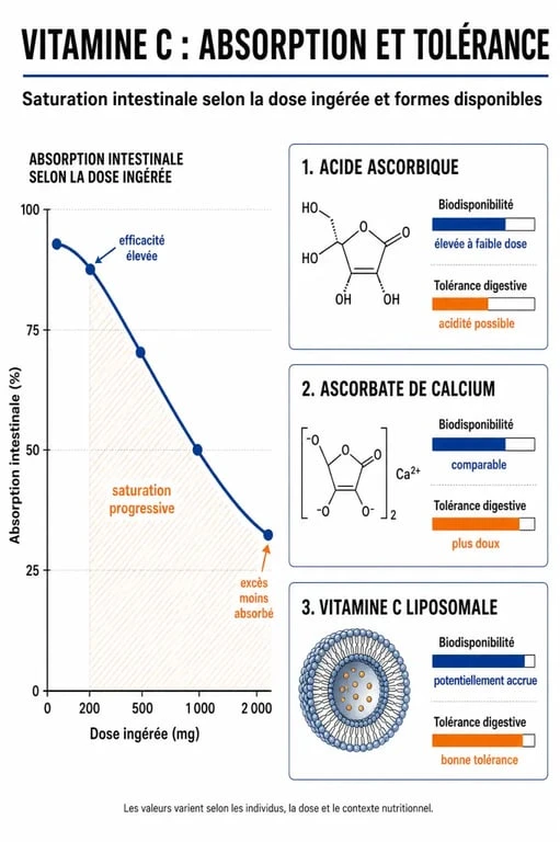 Infographie sur les bénéfices et la saturation de 1g de vitamine C par jour