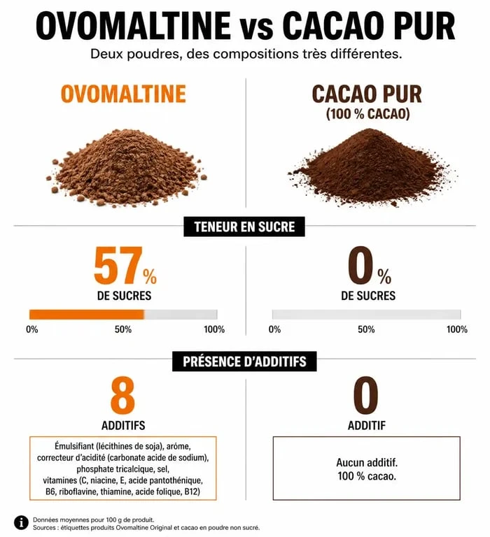 Infographie comparative sur les risques nutritionnels et la composition de l'Ovomaltine : sucre, additifs et alternatives.