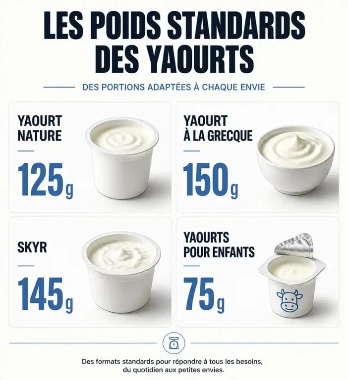 Infographie comparative du poids d'un yaourt selon les différents types et formats disponibles en rayon