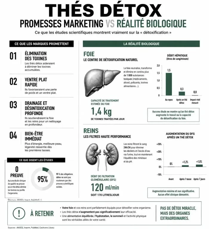 Infographie comparant les promesses marketing des thés détox et la réalité biologique du foie et des reins