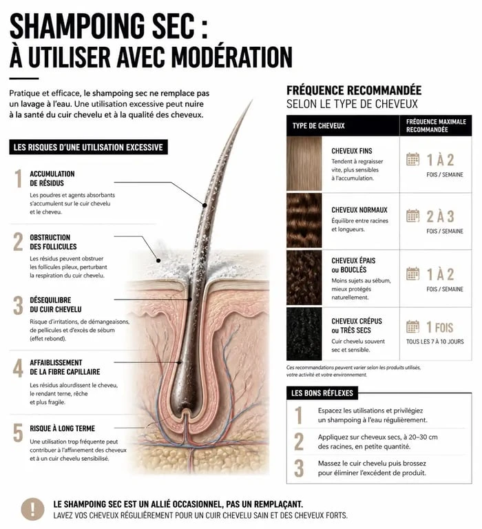 Infographie sur la fréquence recommandée et les risques du shampoing sec combien de fois par semaine