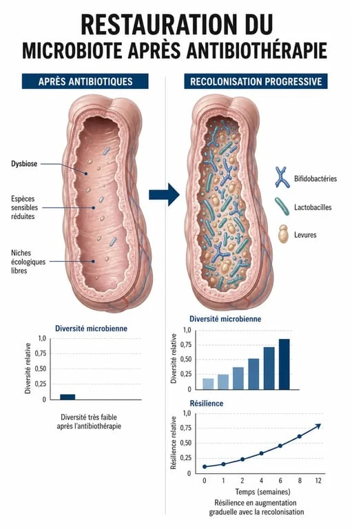 Schéma illustrant le mécanisme d'action des probiotiques pour restaurer la flore intestinale après la prise d'antibiotiques