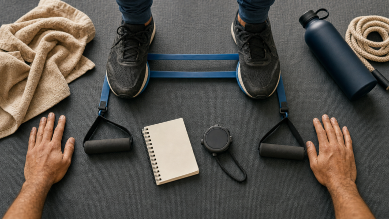 Gym avec un elastique pour squat : élastique sur tapis, pieds en place