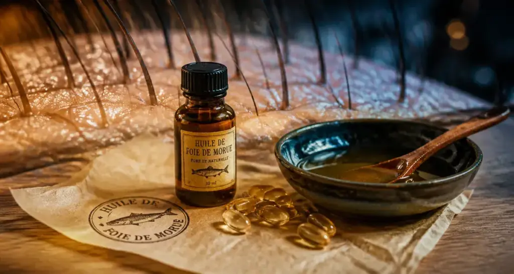 Huile foie de morue bienfaits cheveux : flacon et gélules pour renforcer le cuir chevelu