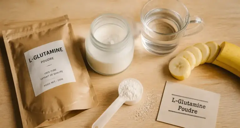 l glutamine en poudre en doseur, eau et banane