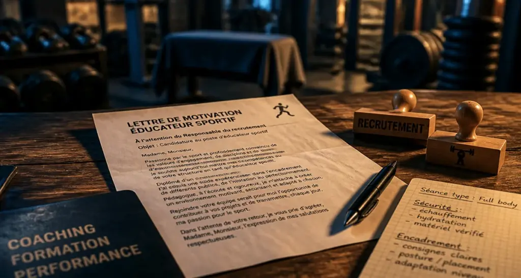 Lettre de motivation sportif sur table, stylo et tampons recrutement