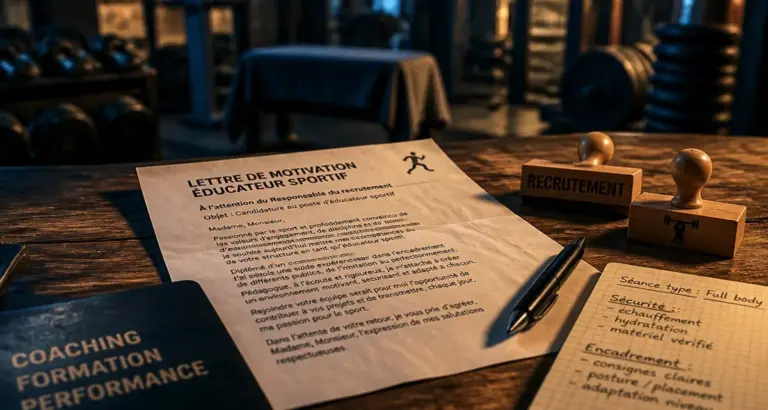 Lettre de motivation sportif sur table, stylo et tampons recrutement
