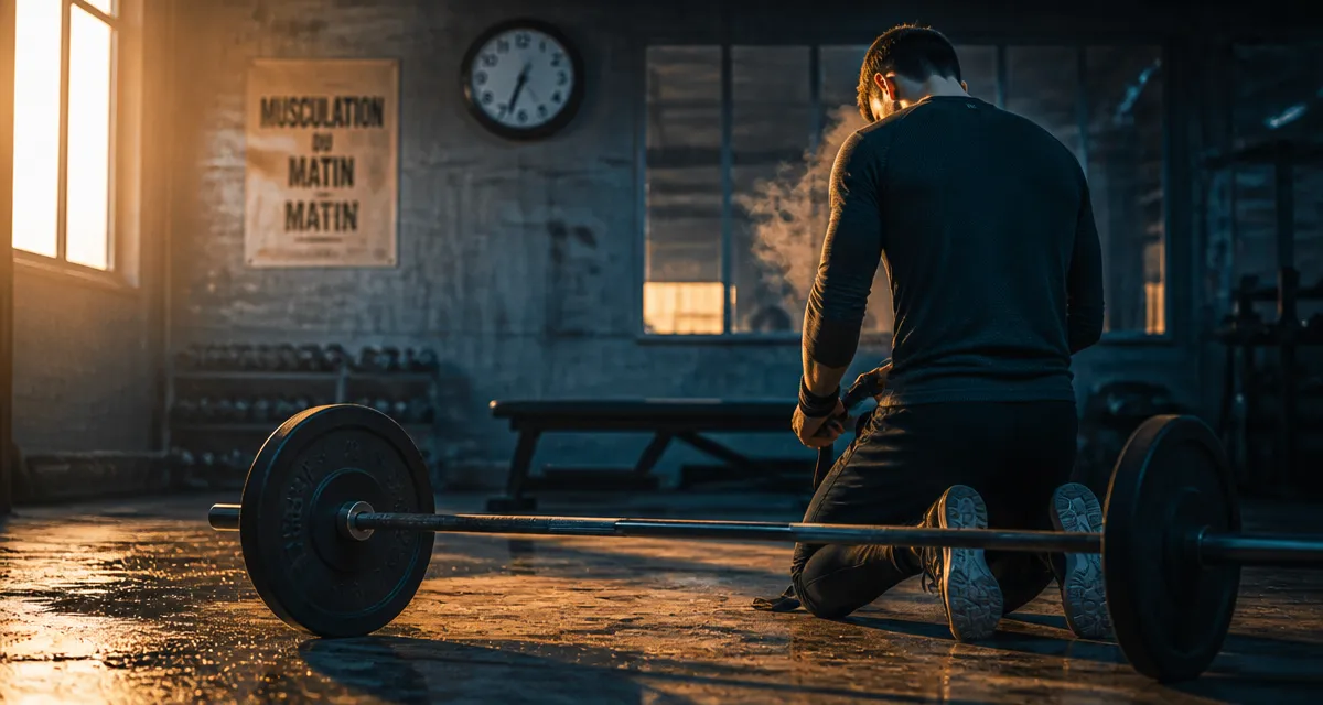 Musculation le matin près de 7h, haltères et rosée sur sol humide