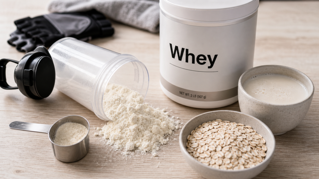 Pourquoi prendre de la whey : shaker et poudre whey sur table