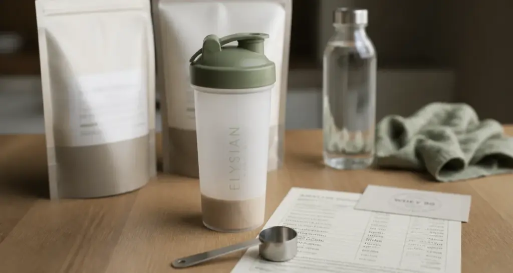 Protein works avis : shaker whey 80, poudre et cuillère sur table