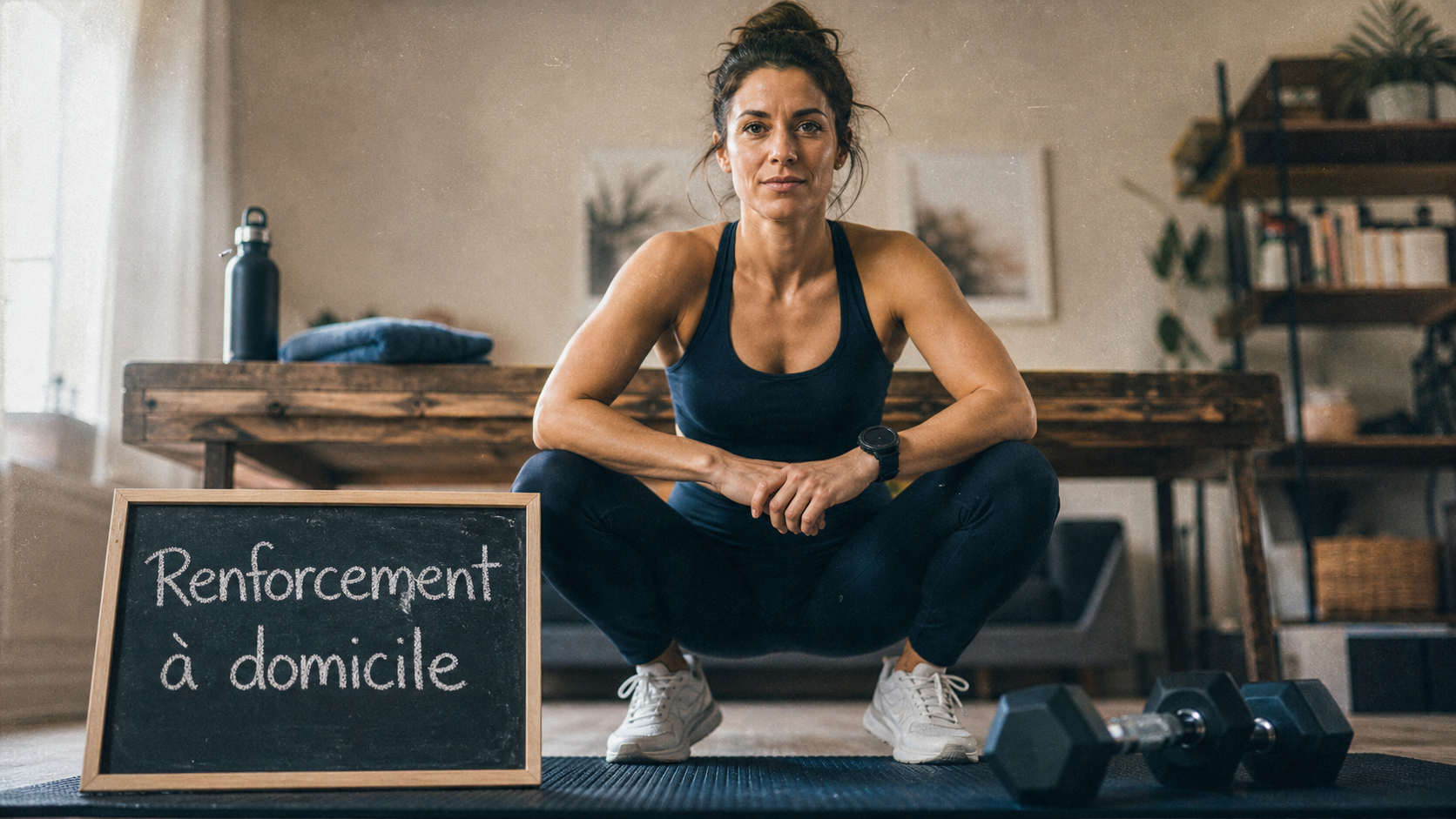 Séance de renforcement musculaire sans matériel à domicile, squat sur tapis