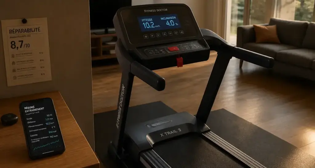 Tapis de course Fitness Doctor X Trail 3 en salon, console allumée