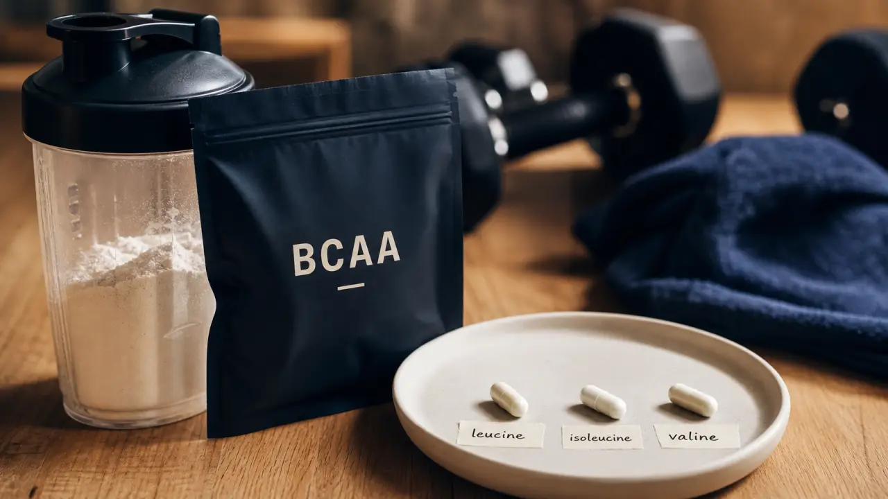 bcaa avis : shaker BCAA et gélules sur table