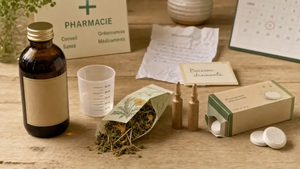 Boisson drainante pharmacie en verre et plantes pour rétention d’eau, détox et minceur