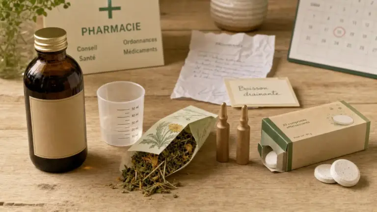 Boisson drainante pharmacie en verre et plantes pour rétention d’eau, détox et minceur