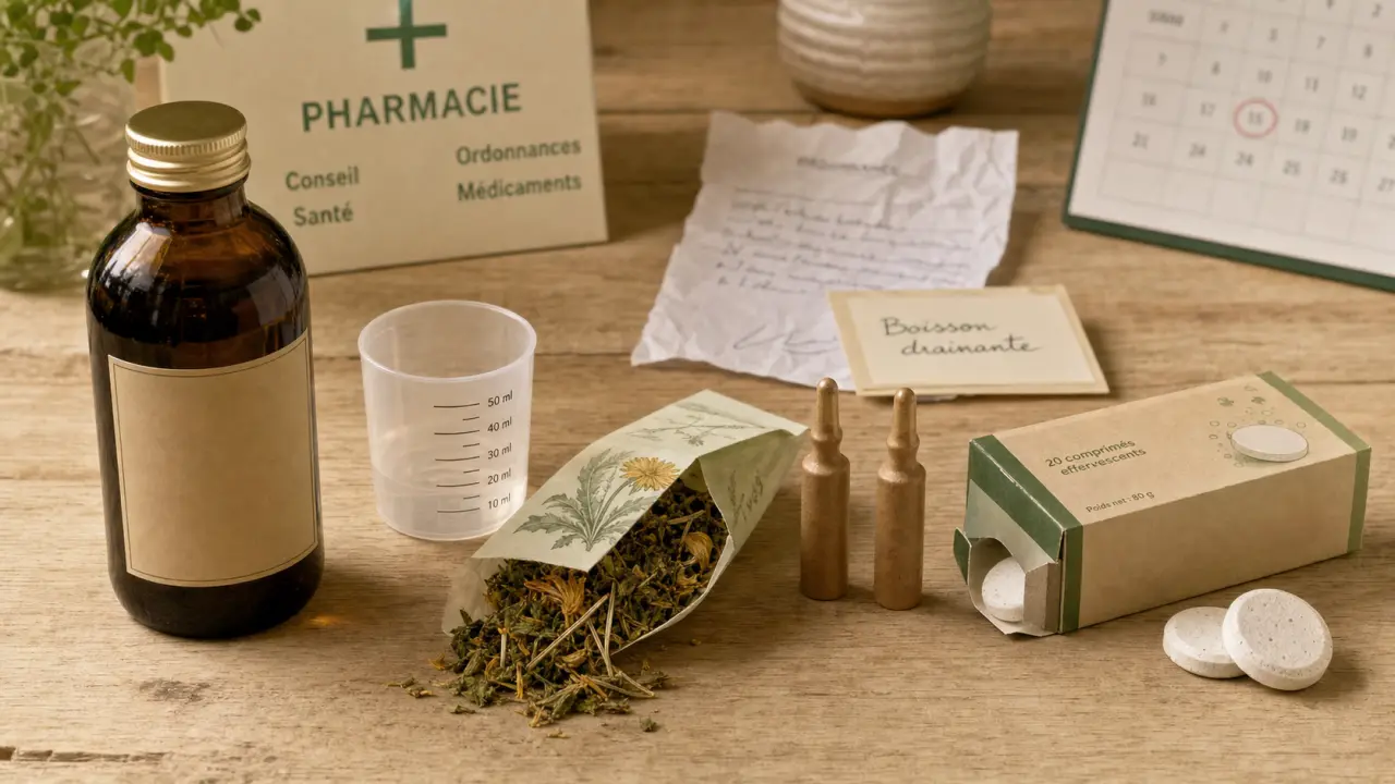 Boisson drainante pharmacie en verre et plantes pour rétention d’eau, détox et minceur