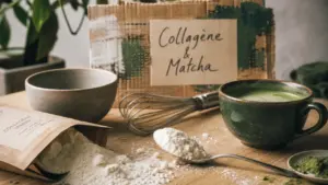 Collagène marin avec du matcha : poudre en bol et matcha latte