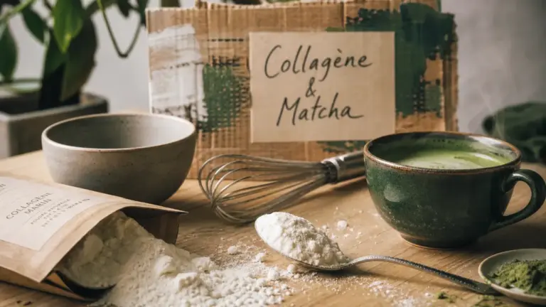 Collagène marin avec du matcha : poudre en bol et matcha latte