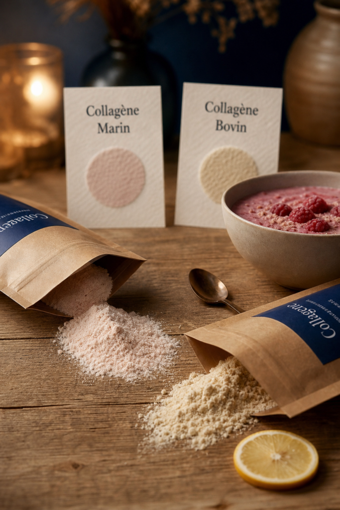 Difference collagene marin et bovin : sachets de poudre de collagène sur table