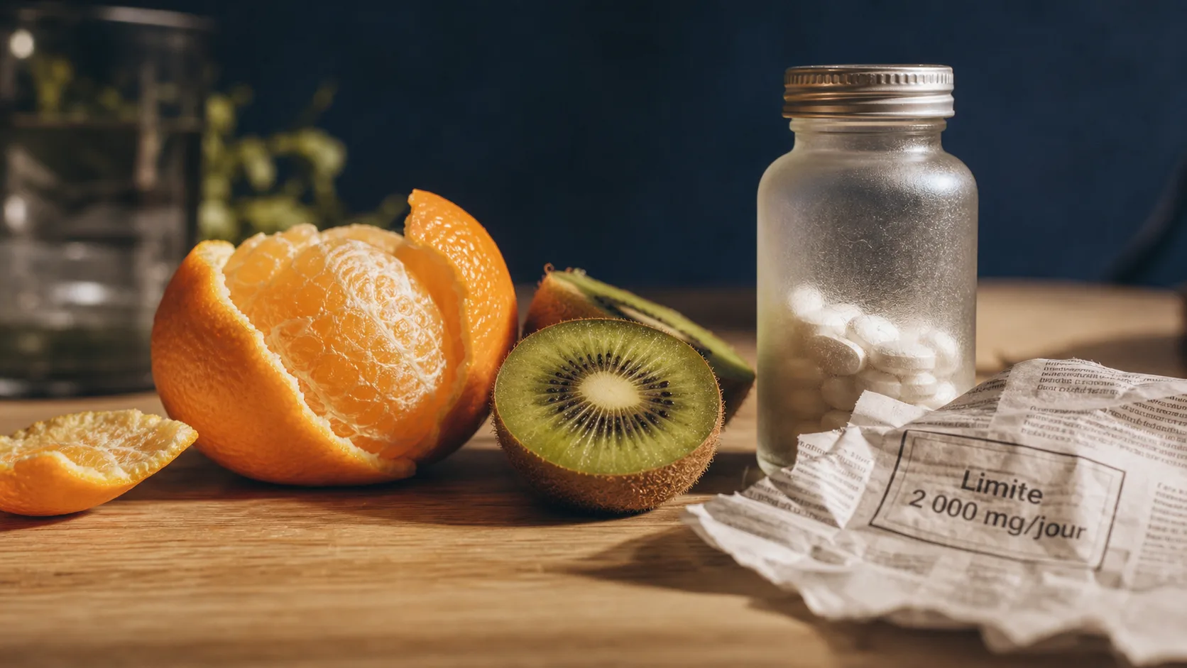 Effets secondaires vitamine C dès 2 000 mg/j : orange et flacon de comprimés