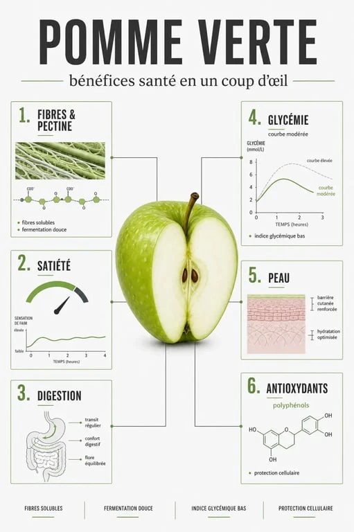 Pomme verte bienfait : infographie santé sur fibres, satiété, digestion et glycémie